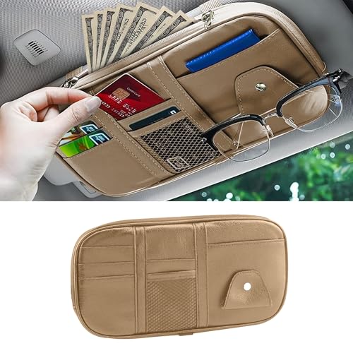 Car Sun Visor Organizer, Sunglass Holder and Storage Pocket, Card Cash Pouch with Multi-Pocket Net Zipper, Case Bag for License Pen Key, Auto Accessories for Truck, SUV, Van (Beige) - color: Beige