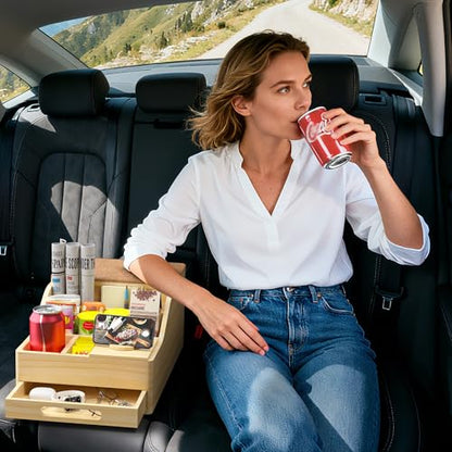 Couch Caddy with Cup Holders, Multi-Use Sofa Table with Flip Top Push-Pull Drawer, Sturdy Pine Wood Hold Hands Couch Cup Holder for Car, Living Room, Bedroom, Vanity