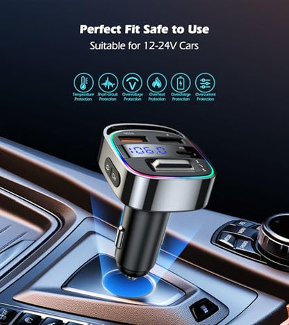 LIHAN Bluetooth 5.4 Car Adapter for Older Cars, 54W PD Fast Charging FM Transmitter, Handsfree Call, Crystal Clear GPS & Music Receiver, Supports USB Drive .wav .flac, Compatible with iPhone & Trucks