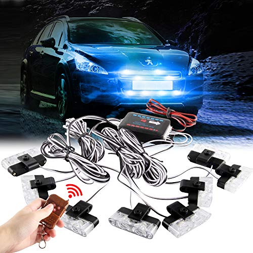Blue 16LED Grille Strobe Lights Dash Deck Visor Police Flash Lights Car Truck Ambulance Emergency Warning Strobe Lights With Remote Control Wireless 12V - color: blue, size: 8 in 1