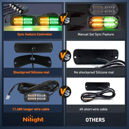 Nilight 4PCS Amber Green Strobe Lights 24LED Emergency Hazard Warning Light Sync Feature Ultra Slim Surface Mount with Controller and Cigarette Lighter Plug for Truck Car Vehicle - color: Amber Green w/Controller