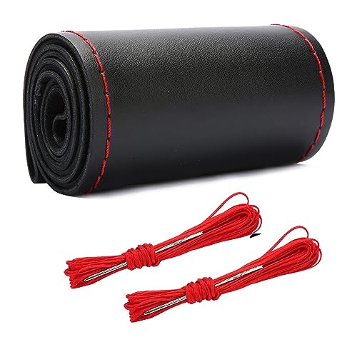 Wevdn Genuine Leather Steering Wheel Cover, Stitch on Wrap, DIY Sewing Steering Wheel Protector, 15 Inch Breathable Non-Slip Steering Wheel Protector, Car Accessories (Black&Red, Glossy) - color: Black/Red, size: Glossy