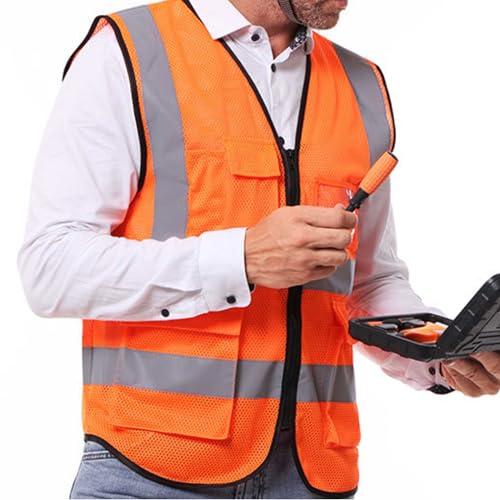 caparazon Unisex High-Visibility Reflective Safety Vest with Zippered Pockets - ANSI/ISEA Certified for Enhanced Work Safety - color: Orange
