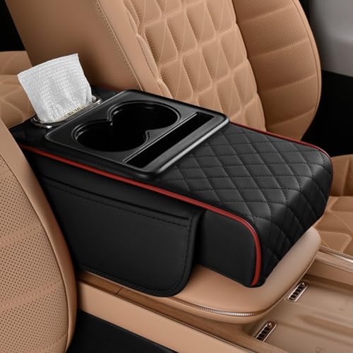 Multifunctional PU Leather Car Armrest Box Mat, 5-in-1 Center Console Cushion Cover with Storage Box, Cup & Phone Slot & Tissue Holder, Universal Waterproof Interior Organizer (Black+Red) - color: Black+Red