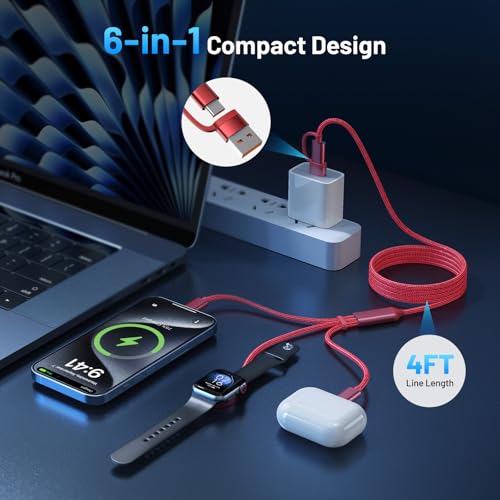 60W Fast Charging Cable for Apple Watch Charger, 6-in-1 Portable Multi Charging Cable for iPhone, Apple Watch Series 1–11/SE/Ultra, Essentials - color: Red