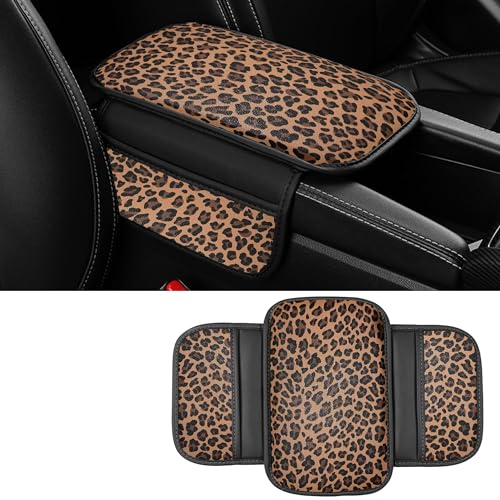 Dotesy Brown Cheetah Print Car Center Console Cover,Microfiber Leather Car Armrest Pad Cushion with 2 Storage Bags,Universal Car Armrest Storage Box Car Interior Accessories for Most Vehicles - color: Brown Black