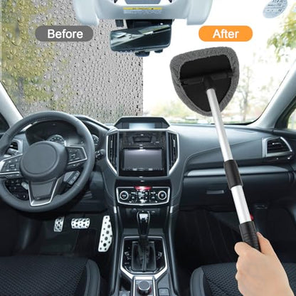 Windshield Cleaner Tool, Car Interior Window Cleaning Tool, Car Wash kit with 4 Reusable Microfiber Pads, 2 Extendable Handle and 2 Spray Bottles, Glass Wiper Kit for Windshield, Home Windows