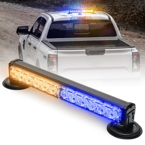 14 in Battery Powered Police Emergency Strobe Lights Bar Wireless Rooftop Hazard Flashing LED Beacon Warning Light w/Magnetic Base for Law Enforcement Vehicles Firefighter Trucks (Amber/Blue) - color: Amber/Blue