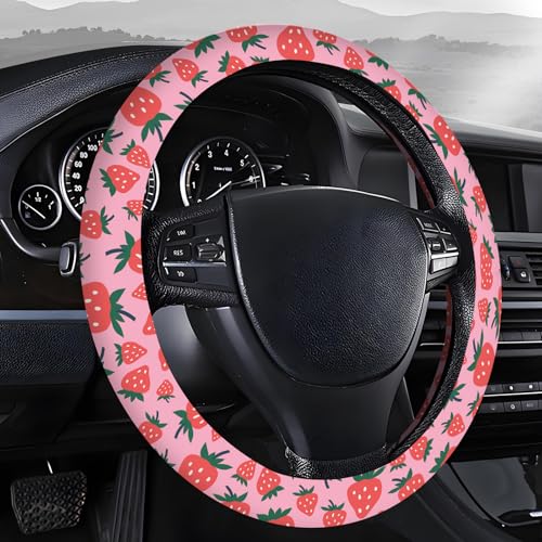 Steering Wheel Covers for Car, Truck, and SUV, Cute Non-Slip Breathable Elastic Steering Wheel, Car Accessories, Universal 15 Inch Leather Cover for Men Women Pink Strawberry - color: Pink Strawberry