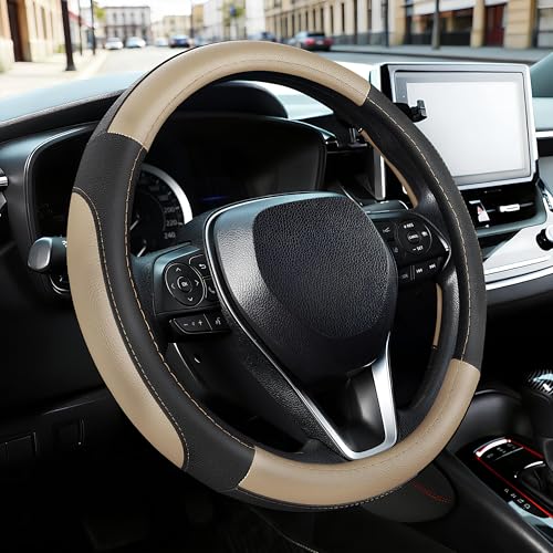 SEG Direct Car Steering Wheel Cover Universal Standard Size 14.5-15 inch, Black and Beige Microfiber Leather - color: Black and Beige, size: Standard size[14 1/2''-15'']
