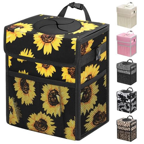 Capolo Car Trash Can with Lid, Leakproof Car Trash Bag Hanging Waterproof Automotive Garbage Can with Storage Pockets Mini Vehicle Trash Bin for Back/Front Seat(Sunflower,2.5 Gallon) - color: Sunflower, size: 2.5 Gallons