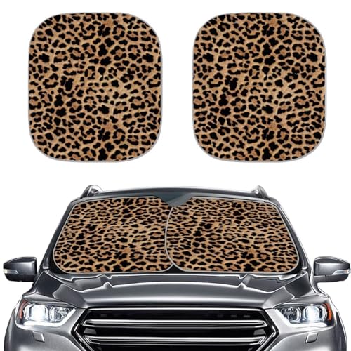 2 Piece Leopard Print Sunshade for Car Windshield Sun Shade Foldable Reflective Sun Shade for Front Window,Sun Visor Blocks UV Rays Car Interior Accessories Universal Fit Cars Truck SUV - color: Leopard Print