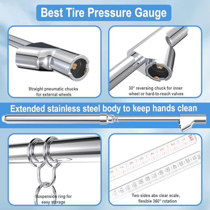 BFXM Truck Tire Pressure Gauge, Air Pressure Gauge for Tires 10-150PSI/ 1-10Bar, Dual Head Pencil Tires Pressure Gauges, Heavy Duty Tire Pressure Gauge for Truck, Cars, Pickups, RVs, Bicycles - color: SILVER 1 Pack