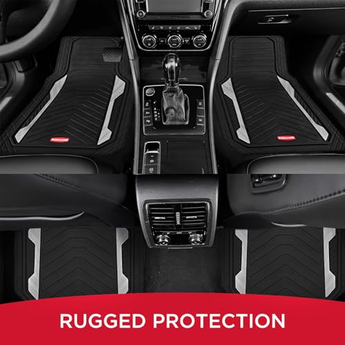 Rubbermaid Car Floor Mat, Heavy Duty All-Weather Car Mats Full Set with Dual-Tone Sliver Aluminum Inserts – Universal Fit, Anti-Slip Backing, Trim-to-Fit for Most SUV, Sedan, Van - color: Silver