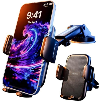 RayLink NO.1 Best Phone Holders for Your Car Ultimate Military-Grade Windshield Dashboard Vent【Upgraded Suction & Clip】 Cell Phone Mount with Patent & Safety Certs for iPhone 17 Pro Max 16 15 Samsung