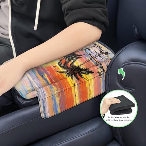 Coconut Tree Console Cover for Most Vehicles Armrest Cover Sunset Print 300D Polyester Fabric Arm Rest Pad with Pockets Middle Console Lid for Most Car Center Consoles - color: Coconut Tree Sunset
