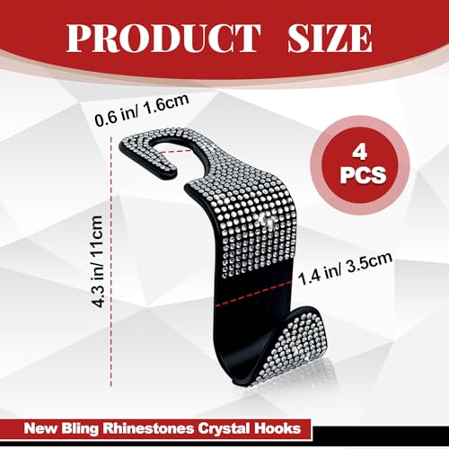 4PCS Car Hooks, Car Seat Headrest Hooks with Sparkling Rhinestone, Universal for Purse, Handbag, Grocery Bags and Coat Vehicle Accessories (White) - color: White