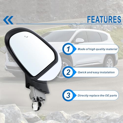 Left Driver Side Mirror Compatible With 2019 2020 2021 2022 2023 Hyundai Santa Fe With Manual Folding Power Glass Blind Spot White Replace#87610-S2010(5Pins) - size: L