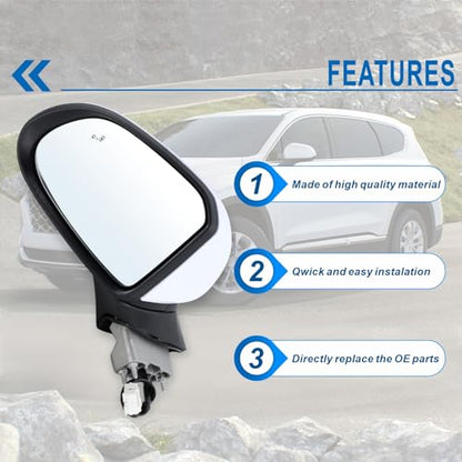 Left Driver Side Mirror Compatible With 2019 2020 2021 2022 2023 Hyundai Santa Fe With Manual Folding Power Glass Blind Spot White Replace#87610-S2010(5Pins) - size: L