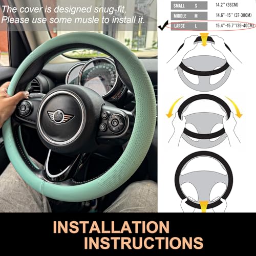 PINCTROT Large Size Nappa Leather Steering Wheel Cover, Slim Fit No Bulk Design, One Piece Leather with Breathable Perforation, Fit Like Gloves, 15.5-15.75 Inch(Nappa Mint) - color: 09.Mint, size: Large Size[15 1/2''-15 3/4'']