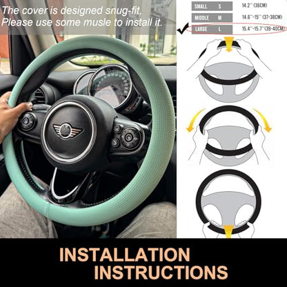PINCTROT Large Size Nappa Leather Steering Wheel Cover, Slim Fit No Bulk Design, One Piece Leather with Breathable Perforation, Fit Like Gloves, 15.5-15.75 Inch(Nappa Mint) - color: 09.Mint, size: Large Size[15 1/2''-15 3/4'']