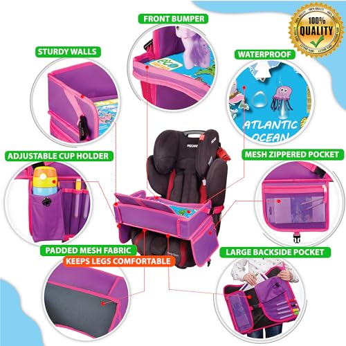 Kids Travel Tray - Waterproof Lap Table with No-Drop Large Tablet Holder - Car Seat Tray - Road Trip Essentials Kids - Car Desk Organizer for Airplane - Toddler Travel Essentials (Pink) - color: PINK