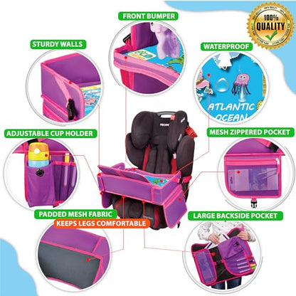 Kids Travel Tray - Waterproof Lap Table with No-Drop Large Tablet Holder - Car Seat Tray - Road Trip Essentials Kids - Car Desk Organizer for Airplane - Toddler Travel Essentials (Pink) - color: PINK
