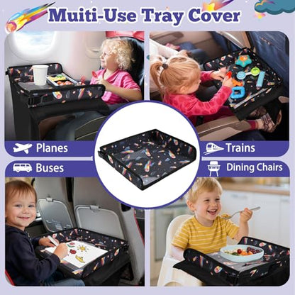 Airplane Tray Table Cover for Kids with Pockets, Foldable Tray Table Organizer for Toddler, Plane Travel Essentials Must-Haves for Train Buses High Chairs and Flying Supplies (Meteor Black)
