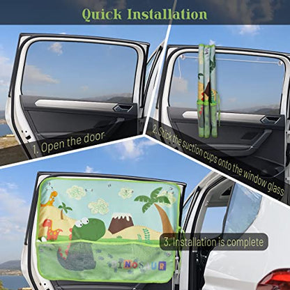 DIZA100 Car Window Shade for Baby, 2 Pack Car Sun Shades with Storage Pockets Car Window Curtain 7 Suction Cups Dinosaurs Pattern for Sun/Heat/UV Rays Protection - color: Green-2pcs