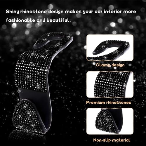 4 PCS Car Seat Headrest Hooks, Bling Rhinestone Purse Hook Vehicle Back Seat Hanger, Sparkling Crystal Headrest Hangers Storage Organizer for Grocery Bag Handbag Coats (Black)