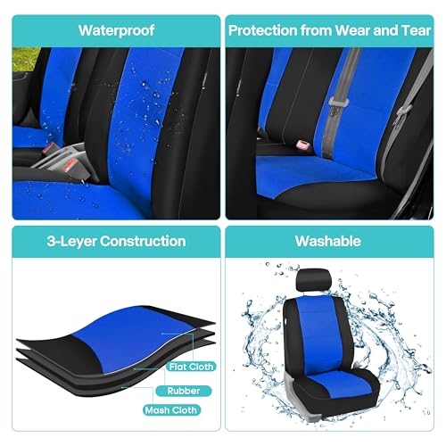 FH Group Waterproof Neoprene Car Seat Covers Rear Set– Universal Fit Split Bench Back Seat Cover, Durable Automotive Seat Protector for Cars, SUVs & Vans, Blue/Black - color: Blue, style: Rear Set