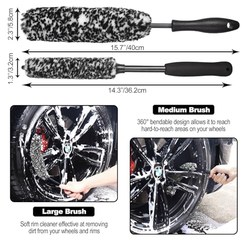 3PCS Wheel Brush Kit for Cleaning Wheel and Tire, Wheel and Rim Brush, Car Detailing Brushes, Bendable & Durable Car Wheel Rim Cleaner Brush Set,Car Detailing Cleaning Brush Supplies Kit - color: Black