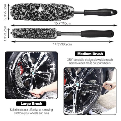 3PCS Wheel Brush Kit for Cleaning Wheel and Tire, Wheel and Rim Brush, Car Detailing Brushes, Bendable & Durable Car Wheel Rim Cleaner Brush Set,Car Detailing Cleaning Brush Supplies Kit - color: Black