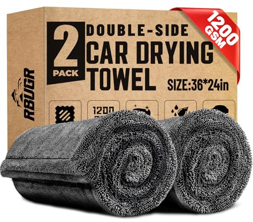 RBUGR Microfiber Towels for Cars, 2 Pack 1200GSM Car Drying Towel(24″x 36″), Dual Sided Drying Towels Car Detailing, Ultra Absorbent Car Cleaning Towel, No Streak, No Scratch, No Water Spots - color: 2pack, size: 2Pack