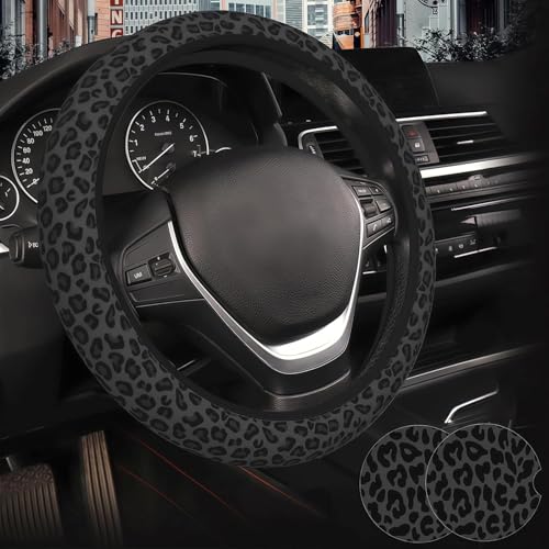 Black Leopard Print Steering Wheel Cover for Women, Universal Fit 14.5-15 Inch with Non-Slip Grip and Thermal Control, Includes 2 Ceramic Absorbent Cup Coasters, Compatible with Cars, SUVs, Trucks.