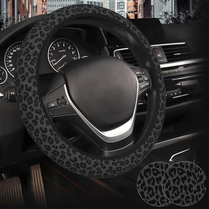 Black Leopard Print Steering Wheel Cover for Women, Universal Fit 14.5-15 Inch with Non-Slip Grip and Thermal Control, Includes 2 Ceramic Absorbent Cup Coasters, Compatible with Cars, SUVs, Trucks.