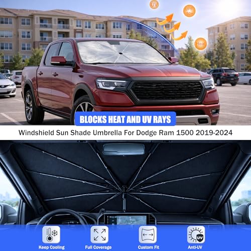 2026 Upgraded Car Windshield Sun Shade Umbrella - Custom-Fit for Dodge Ram 1500 2019-2024 Umbrella Sunshade,Easy Install,UV Protection & Heat Reflective,Keep Interior Cooler with Storage Bag - size: For Dodge Ram 1500 2019-2024