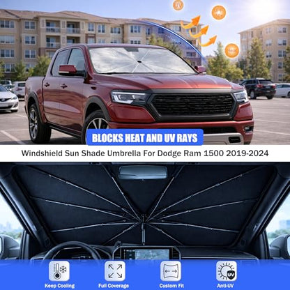 2026 Upgraded Car Windshield Sun Shade Umbrella - Custom-Fit for Dodge Ram 1500 2019-2024 Umbrella Sunshade,Easy Install,UV Protection & Heat Reflective,Keep Interior Cooler with Storage Bag - size: For Dodge Ram 1500 2019-2024