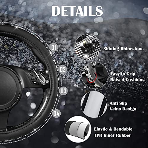 CAR PASS Bling Cow Print Diamond Steering Wheel Cover, with Sparkly Crystal Glitter Rhinestones Black Leather Car Wheel Protect for Women Girl Fit Suvs,Vans,Sedans,Cars,Trucks, 14" 1/2-15" Cow Design - color: Cow Diamond