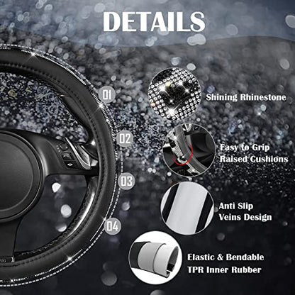 CAR PASS Bling Cow Print Diamond Steering Wheel Cover, with Sparkly Crystal Glitter Rhinestones Black Leather Car Wheel Protect for Women Girl Fit Suvs,Vans,Sedans,Cars,Trucks, 14" 1/2-15" Cow Design - color: Cow Diamond