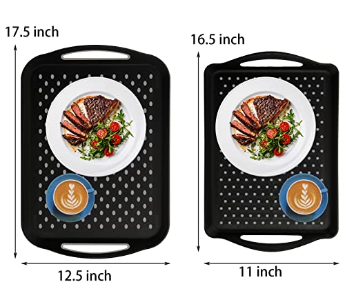 TOPZEA 2 Pack Non Slip Serving Trays with Handle, Plastic Cafeteria Fast Food Serving Tray, School Lunch Tray Rectangular Server Trays for Breakfast on Bed, Coffee Table, Car, Black