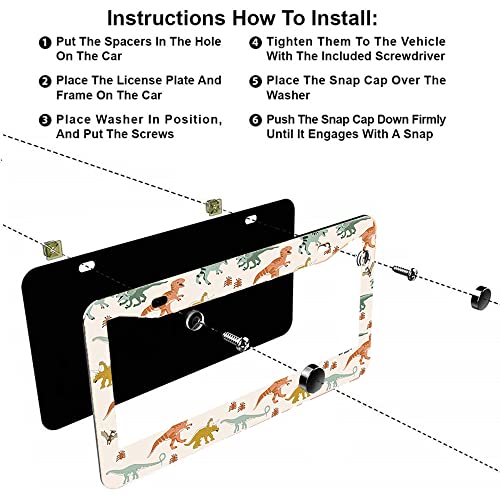 2Pcs Dinosaur License Plate Frames Cover Holders Stainless Steel Dinosaur License Plate Cover with Screw Caps Cover and Screwdriver Set - 2-Hole for Girl Women (Dinosaur) - color: Dinosaur