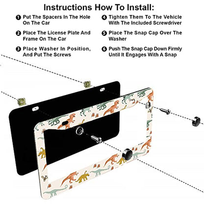 2Pcs Dinosaur License Plate Frames Cover Holders Stainless Steel Dinosaur License Plate Cover with Screw Caps Cover and Screwdriver Set - 2-Hole for Girl Women (Dinosaur) - color: Dinosaur