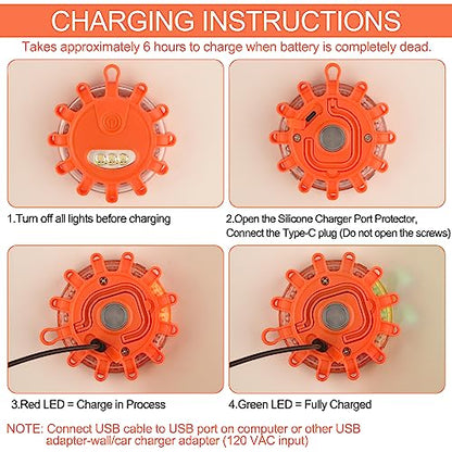 Meliya USB C Rechargeable LED Road Flares Emergency Lights with Magnetic Base, 9 Strobe Options Roadside Emergency Warning Car Safety Beacon Flashing Disc Flare Kit (Orange Lights, 3 Pack) - color: Orange Lights