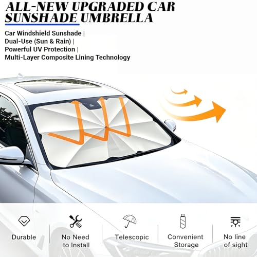 Windshield Sun Shade Umbrella, Foldable Car Sunshade, Ice Crystal Cooling Coating Car Sunshade & Heat Shield, UPF 50+ UV Protection, Spring-Enhanced Frame for Most Sedans SUVs (55"x31")