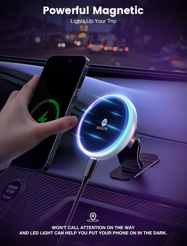 MOKPR for Magsafe Car Mount Charger-15W Wireless Car Charger-Magnetic Car Phone Holder for Dash Air Vent-LED RGB HandsFree Car Mount Fast Car Charger for iPhone 15/14/13/12 Series Silver - color: Silver