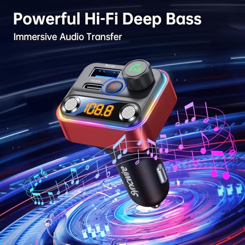 Syncwire Bluetooth 5.4 FM Transmitter Car Adapter 42W [Light Switch] [Stronger Dual Mics] [HiFi Deep Bass] [Fast Charging] Wireless FM Radio Music Adapter Hands-Free Calling Support USB Drive, Red - color: Red