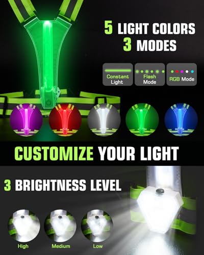 Zacro LED Reflective Vest with Chest Light 500LM, 5 RGB Colors High Visibility Rechargeable Light Up Running Vest IPX4 Night Safety Running Gear for Dog Walking, Cycling, Adjustable for Men Women Kids - color: Green