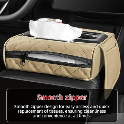 5 in 1 Car Center Console Cover, Armrest Pad with 2 Storage Pockets, Cup Holder, Tissue Box Slot, Phone Holder, Universal Car Interior Organizer (Beige) - color: Beige