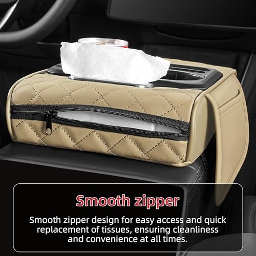 5 in 1 Car Center Console Cover, Armrest Pad with 2 Storage Pockets, Cup Holder, Tissue Box Slot, Phone Holder, Universal Car Interior Organizer (Beige) - color: Beige